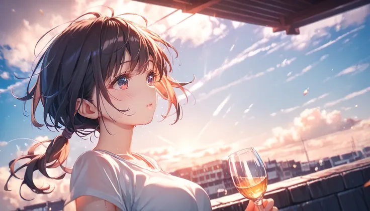 (by Mitsumi Misato :1),  top quality,   is ridiculous,  high resolution, source_Anime, Super detail,,break, 1 girl,  tomboy, glass,  short hair,  low ponytail,  medium breasts,  beautiful detailed eyes ,  shorts, sweat, Sleepily, Outdoors, wind, ( detailed...