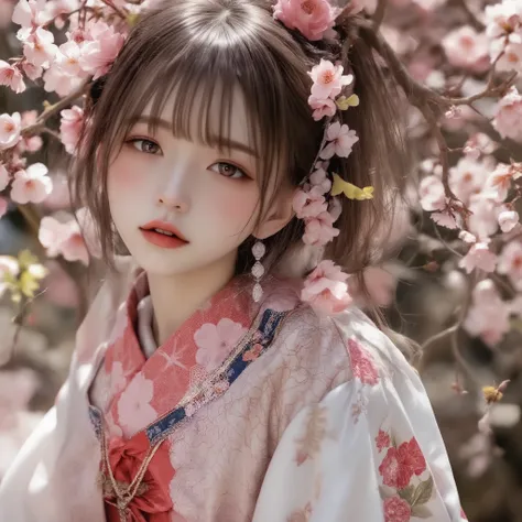A masterpiece, top quality, ultra-detailed, photo-realistic depiction, intimate and cinematic composition, a blushing girl in an intricately embroidered floral yukata, her bashful expression captured with vivid precision, her soft, short dark brown hair el...