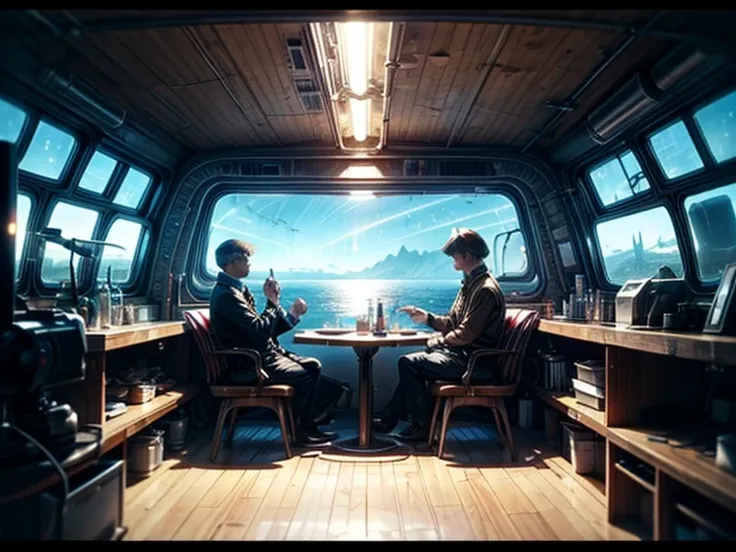 steampunk, Submarine cabin ,  two men sit on chairs in front of a panoramic window overlooking the water world, still from the film,  still from the fantasy movie , retrofuturism science fiction   (1924)