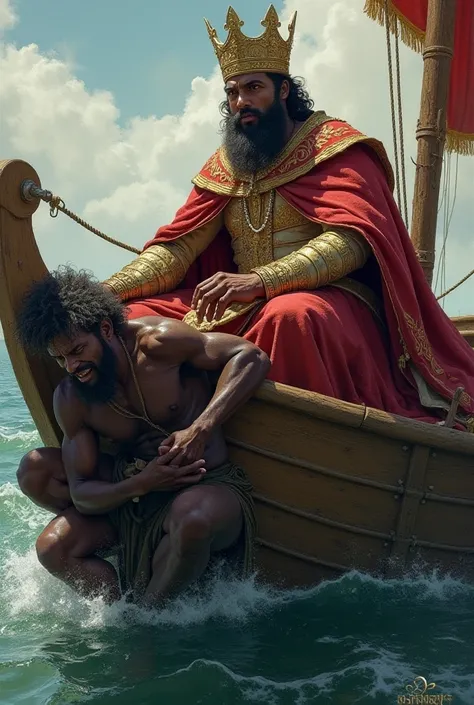 "The king sitting elegantly on the boat, dressed in royal attire, while the frightened slave clings to the side of the boat in fear."