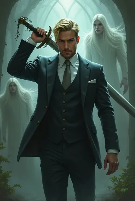  Handsome blond man with short beard dressed in a black suit ,  dressed in white shirt and gray tie ,  wielding a sword wrapped in plants in combat posture, fighting ghosts .