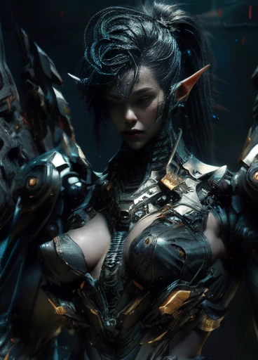  masterpiece，（ best quality） heavy black iron old machine, girl with light skin，colorful horsetail black skin elf，Mechanical metal frame structure chest worn exoskeleton mechanical prosthetic breast modeling battle suit，Super Evolution Future Technology Bu...