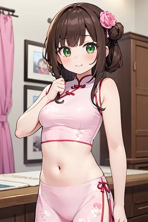 score_9, score_8_up, score_7_up, score_6_up, score_5_up, score_4_up, BREAK source_anime,
anime screencap, 1girl, solo, navel, large breasts, brown hair, long hair, green eyes, looking at viewer, pink silky qipao,
pink silky cheongsam, crop top, navel, midr...