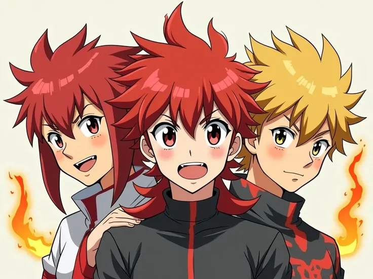 les 3 personnage d'anime foot que j'ai creer sont adulte beaux gosse avec des pouvoirs de flammes cheveux rouge et jaune long form dragons vont apparaitre dans l'anime inazuma victory road
avec leurs regard perçant menaçant leurs sourire predateurs.