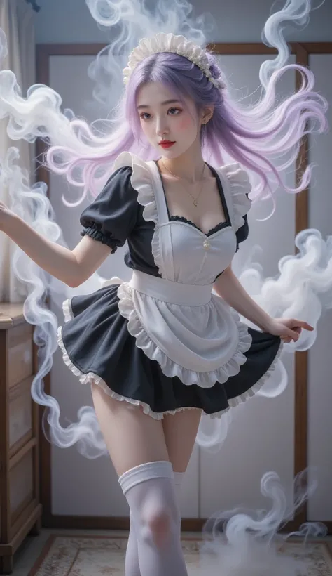 standing splits，cloud ，makeup，red lips ，smoke ，waves，floating hair ，（（（（（Standing snapping refracts ：1.6， “sexy thigh-high socks”:1.5））））），Yoga Pants，is， plump hips ，( masterpiece , best quality , Beautiful,  super detailed character), 1 Girl,  Lavender Ha...