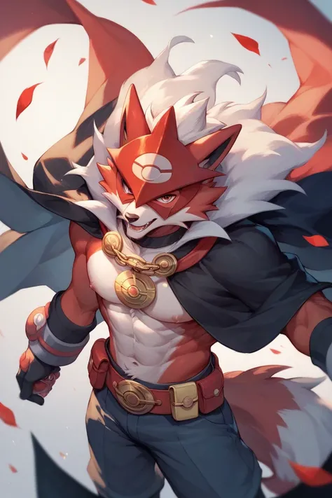  Pokemon .  Pokemon Trainer. Adult man with mystery wears a black cape that covers his body I wears a red fox mask. He has tools in his clothes. 