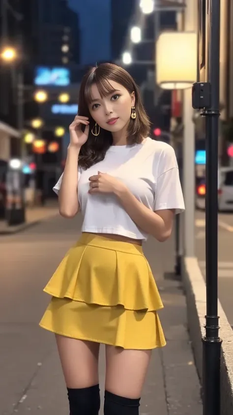 (((many layers:1.2-flare mini skirt)))、mini t shirt、(thigh-high socks:1.2)、 straight medium hair 、 blond hair、 Natural Wave 、Medium breast、 skinny body、Earrings、 standing leaning against a wall、 gaze to God、random wall pattern 、Belly button peek、Stylish sq...