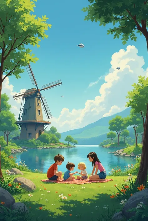 ghibli vibe futuristic era,technology harmonizng with nature, flying robots assisting family ,technology very susustainable,windmill, family happy picnic.Clean water Clean nature More trees very hightech and windmill (MAKE ALL ELEMENTS INTERACTIVE)