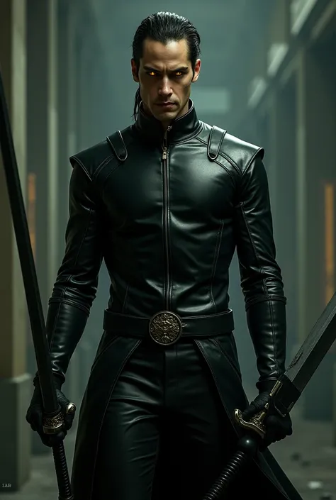   A man of average height  ,  a little muscular , Black leather clothing like in the movie Matrix  ,  Ojos Dorados ,   a black sword in one hand and a white sword in the other.