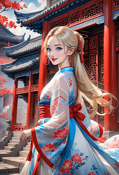  intense ink painting、 image of a dancer in a Chinese period movie、 darker makeup、 clear blue eyes 、 Perfect Face 、 cute girl、 petite and perfect style 、 white and pink see-through dress、 jewelry、 Long Blonde Hair 、 red lips、 Dynamic Poses、 Red Shoes、 look...