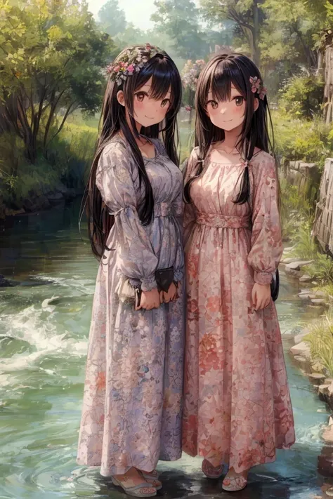 Masterpiece, best quality) 2 girls friends long hair, floral long formal dress, outdoors, im the river, full body, smilling