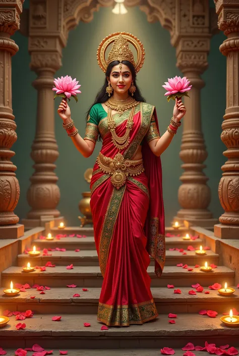 The image showcases a divine depiction of a goddess, resembling Goddess Lakshmi, standing in an opulent and intricately designed temple setting. She is adorned in a vibrant red and green silk saree, richly embroidered with golden motifs, giving her an aura...