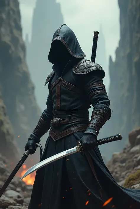 um Blade Marvel  ,  brandishing a katana called Uchigatana ,   He wears black leather armor RPG  