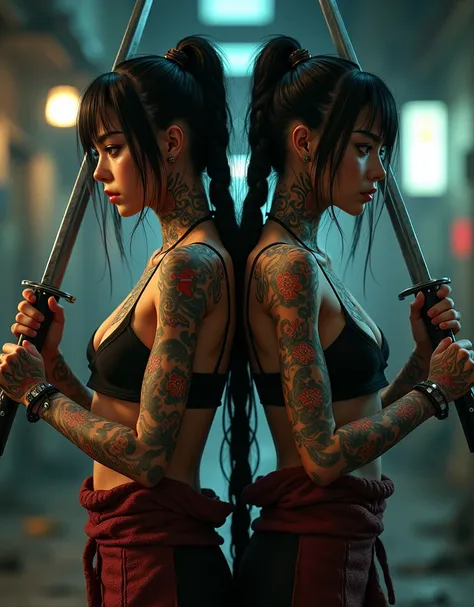 Twin yakuza girls(18, Japanese tattoos, holding samurai swords)