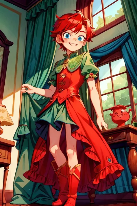 (masterpiece, best quality)  Boy, standing, indoor, intricate detail, sunlight, dark green frill dress, red boots, red hair, smile face, blue eyes, smiley and sexy expression, gorgeous teen body, long legs.