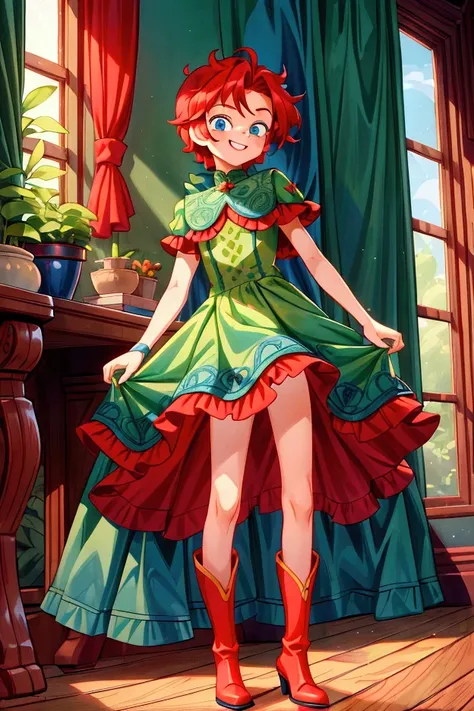 (masterpiece, best quality)  Boy, standing, indoor, intricate detail, sunlight, dark green frill dress, red boots, red hair, smile face, blue eyes, smiley and sexy expression, gorgeous teen body, long legs.