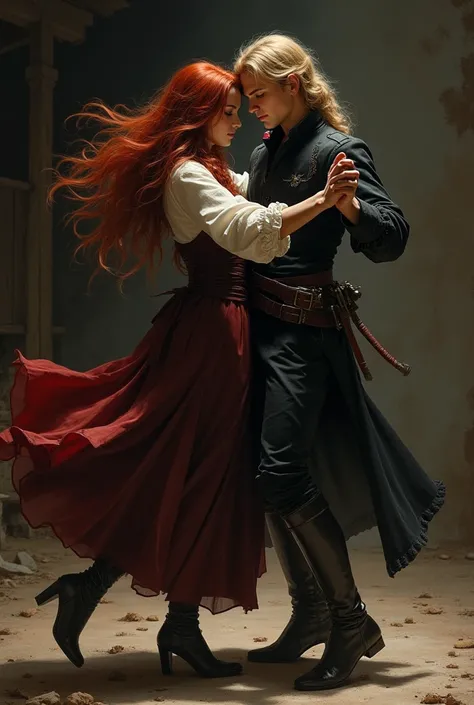 dark red haired assassin girl and long dark blond haired peasant boy dancing