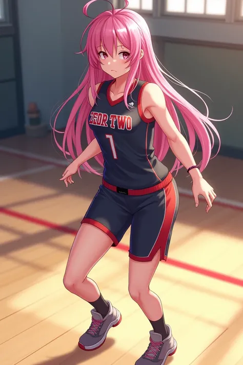 Zero two anime girl in basket ball clothes and hd quality, shes out of breath and sweaty