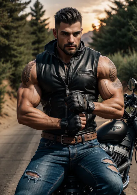 Ultra-realistic, highly detailed, chiseled young burly biker man with a muscular, shredded bodybuilder physique. His massive chest, broad shoulders, and veiny, tattooed arms exude power. His biceps and triceps are flexed, showcasing thick, vascular muscles...