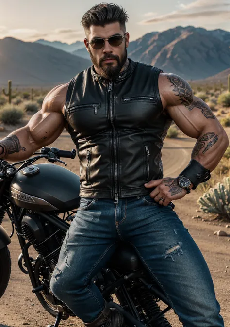 Ultra-realistic, highly detailed, chiseled young burly biker man with a muscular, shredded bodybuilder physique. His massive chest, broad shoulders, and veiny, tattooed arms exude power. His biceps and triceps are flexed, showcasing thick, vascular muscles...