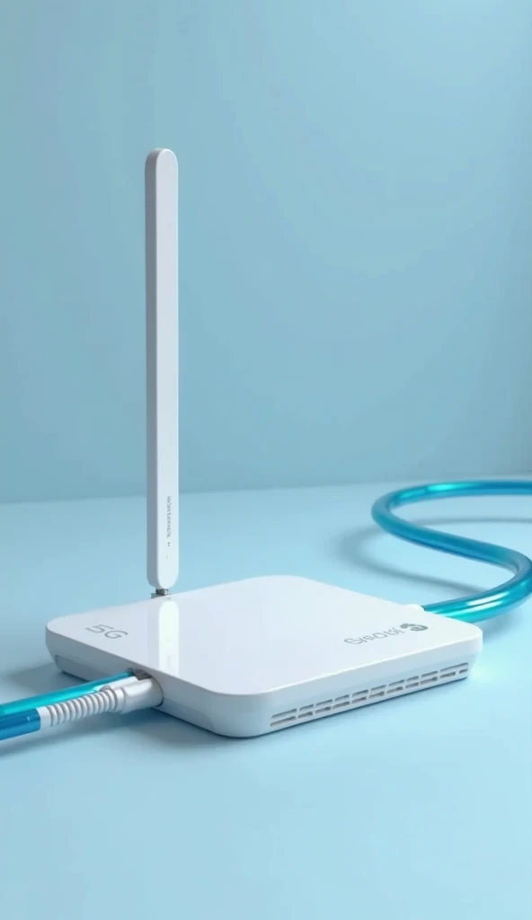 WHITE ROUTER WITH 2 5G ANTENNAS FOR HOME WITH LIGHT BLUE BACKGROUND AND A FIBER OPTIC CABLE