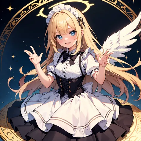 Angel girl with cute anime-style minicars、 has long, fluffy blond hair 、 features big, sparkling blue eyes 、Maid-style costume 、 Corsets 、 Lace Details 、 wears a headdress with white ruffles 、 has a halo that shines above her head （ circle of angels in dar...