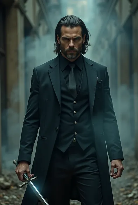   Handsome white man in his 30s with shoulder-length hair and a shaved beard   ,   tall and muscular dressed in a black three-piece tailor suit with a black shirt and gray tie , wielding a long sword shrouded in white light   ,   fighting with a being made...