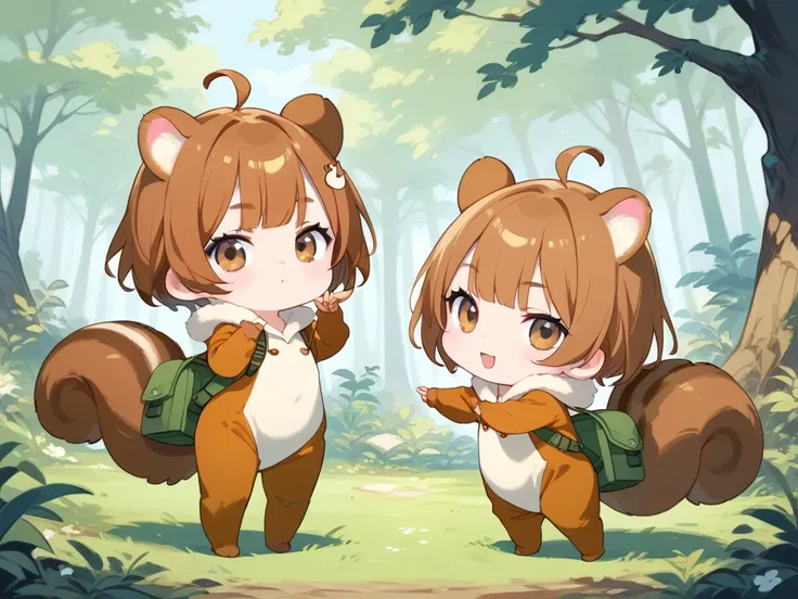 1girl,wearing a flying squirrel animal costume,brown short hair,brown eye,chibi,standing, hand making peace, full body,in the forest background