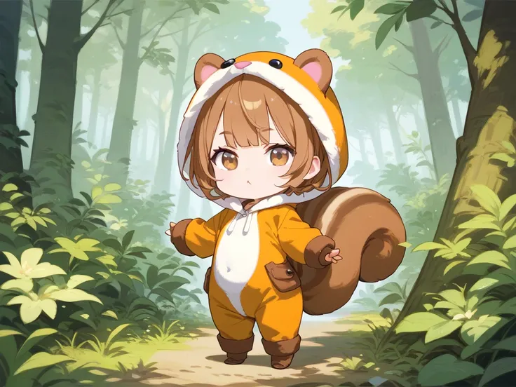 1girl,wearing a flying squirrel animal costume,brown short hair,brown eye,chibi,standing, hand making peace, full body,in the forest background