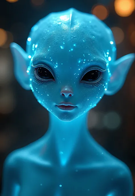 fantastic,  An ethereal translucent luminous blue alien ,  small, rounded dark eyes without pupil , tiny mouth without lips ,  flat nose with only small entrances ,  with delicate features in a science-fiction setting the interior of a warship,   shining f...