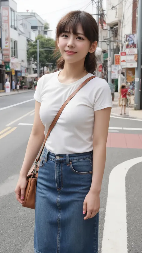 Smiling teenage girl walking through a street corner in Tokyo where many people come and go。I'm wearing a white T-shirt and a tight denim mermaid-line long skirt、 sneakers similar to Oko 。 A girl with beautiful short black hair and tanned skin is looking ...