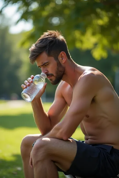 A shot of a man in his early 30s, sweating and looking exhausted while sitting on a bench in a park. The sunlight is harsh, casting long shadows, highlighting his fatigue. His eyes are tired, and his posture slumps as he drinks water. The image exudes a fe...