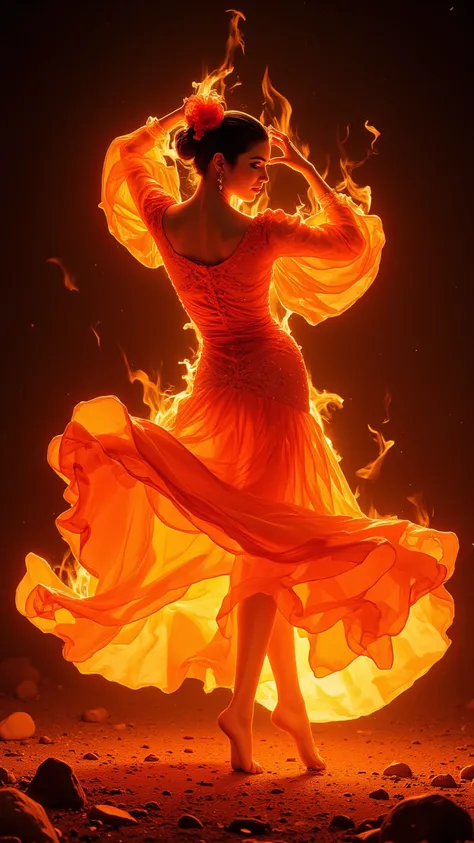 (Masterpiece, High quality, Best quality, official art, Beauty and aesthetics:1.2), (the essence of fire:1.4), (1 Flamenco dancer:1.6, embodying the spirit of fire, Highly realistic, gracefully poised, ethereal transparency, enchanting lighting effects, fl...