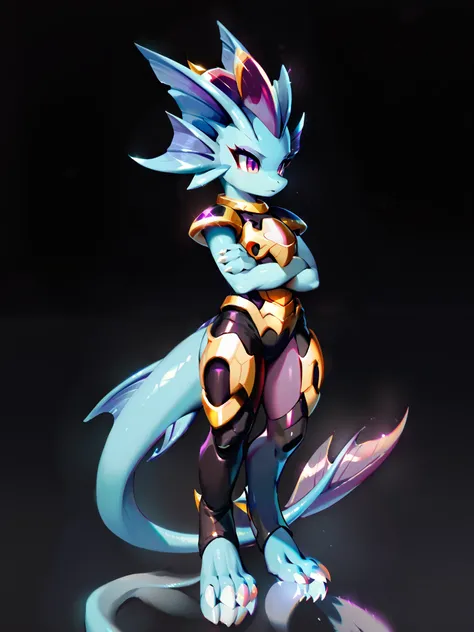 Anime, ((anime style)), solo drawing, solo, ((Three-Quarter view)), ((Solid Black Background)), ((vivid purple eyes)), ((draconic ear fins)), ((head fin)), ((tall figure)), ((standing with arms folded)), ((digitigrade legs)), ((digitigrade feet)), ((highly...