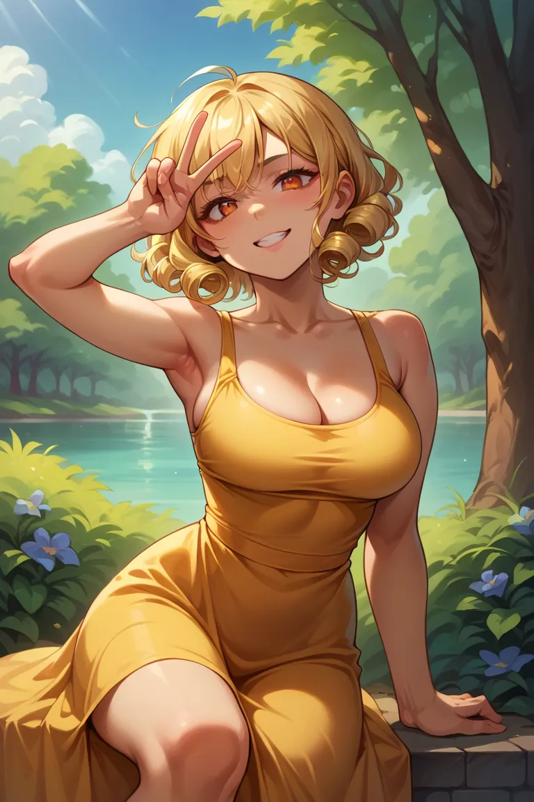 Hair has Blonde on top and orange on bottom, orange eyes, pale skin, busty breasts, long curly hair, her whole body glows as if she’s a sun, she wears a yellow sun dress, out in the park, she smiles snd puts up a peace symbol