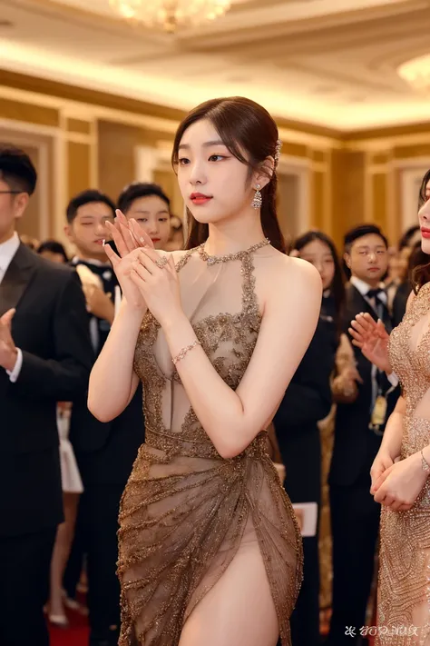 Ultra-realistic, high-definition, hyper-detailed 8K UHD image of a stunning woman standing gracefully at a prestigious nighttime awards ceremony. She is illuminated by elegant ambient lighting, with countless spectators watching her in admiration. The gran...