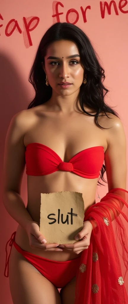 ((realism)),((hypерrealism)), ((   realistic texture   )), ((live photo)), 8 thousand.,  Sexy girl in red bikini and saree ,  draped  in transparent saree.  The girl is standing with a dirty sheet of paper in her hands with the inscription " slut " .  Behi...