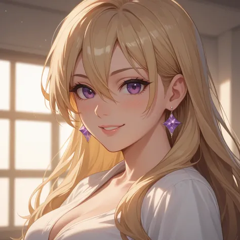 Blonde hair, purple eyes, very pretty, High Resolution, Long Hair, Looking at viewer, Breasts, Blush, Smile, Hair Between Eyes, Earrings, Sparkle, Backlighting, Abstract, Impressionism, Masterpiece, Abstractionism, Accurate, Anatomically Correct, 