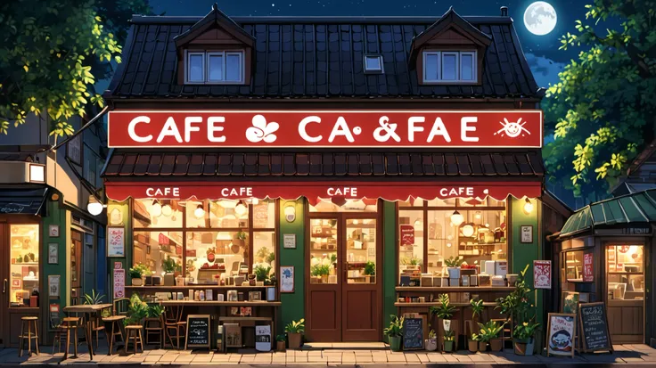 Image depicts a detailed and vibrant illustration of a cozy cafe street shop at night. The cafe features a dark tiled roof with a small plant growing on it, and the exterior is adorned with various signs and posters. Three prominent red signs with white PA...