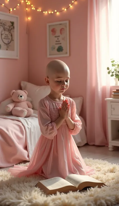 "A hyper-realistic and emotionally touching portrait of a young, bald girl, around , kneeling in prayer in a softly illuminated ren's bedroom. She is dressed in a delicate, long-sleeved pink dress, flowing gently over her small frame, giving her an angelic...