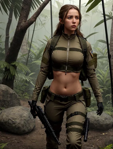 A 24 year old women, Beautiful white european girl, young spy, Military Girl, beautiful female spy, solo female character, Future combat equipment, military rucksack, Woman wearing white cropped Secret Agent Tight Suit, Show navel, Wear tactical equipment,...