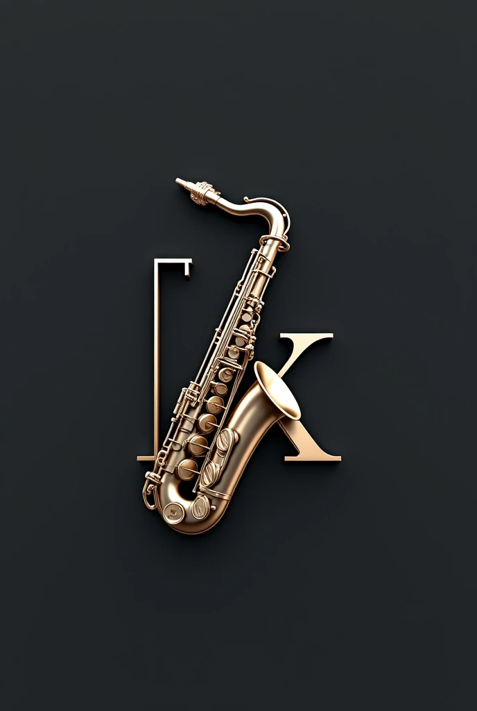 Create a formal logo using a saxophone with the letter “K” in the background