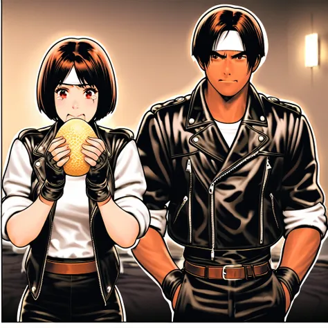 Two people, couple, male and female, dark skin, dark hair, short cut, red eyes, (tears), wavy mouth, portrait, eating, (eating with triangle rice balls), dressed in ((black leather jacket with rolled up sleeves)), open jacket, black fingerless gloves, whit...