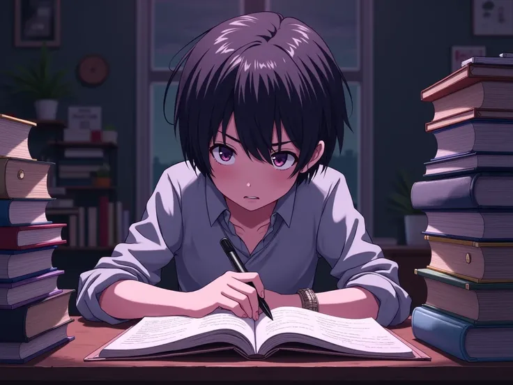 Make an image of an anime character looking at the books while studying for Lofi at a study table with a bunch of books on the side with a purple filter looking directly at the book