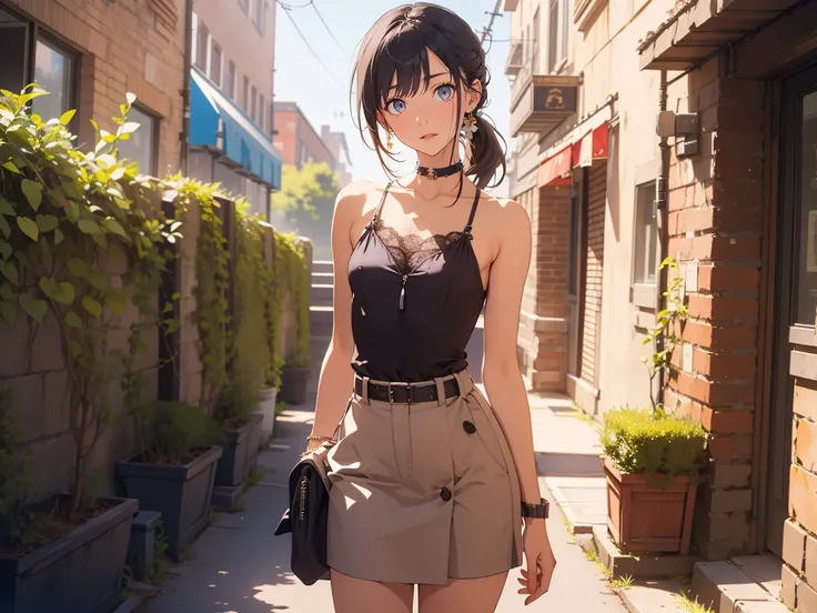  sweet cool, eye-catching details, street, (highest quality, amazing details: 1.25), (Gorgeous paintings), break Kanao Tsuyuri, (medium Hair:1.5), side ponytail, bangs, blunt bangs , (black eyes:1.1), black hair, break ( best quality , 8k, masterpiece:1.3)...