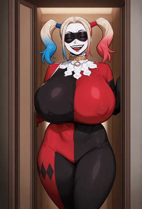 Harley quinn,big boobs,big busty,facing viewer,clothed,in closet hidingSolo, 1girl, 