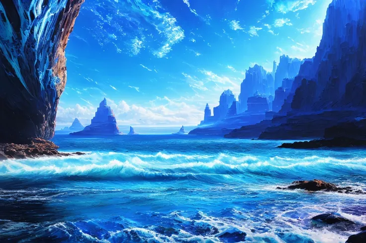 Futuristic landscape, cobalt blue water ( 8k wallpapers),  Majestic Professional Oil Paintings  ,  complicated,  high detail,  Sharp Focus , dramatic,  fantasy