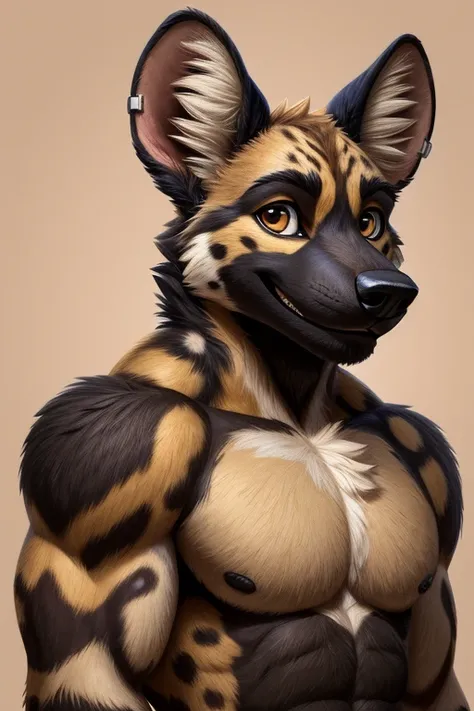  furry fandom illustrations nervous smile African wild dog,  mixed with a wolf ,  dark cream-colored fur ,   timid smile ,  with one swivel ear , solo portrait 1, muscles 1,