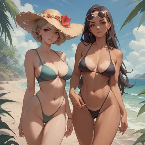 Anime girls two with big breasts in a small bra, she is tanned in a thong on the beach wearing sunglasses 
