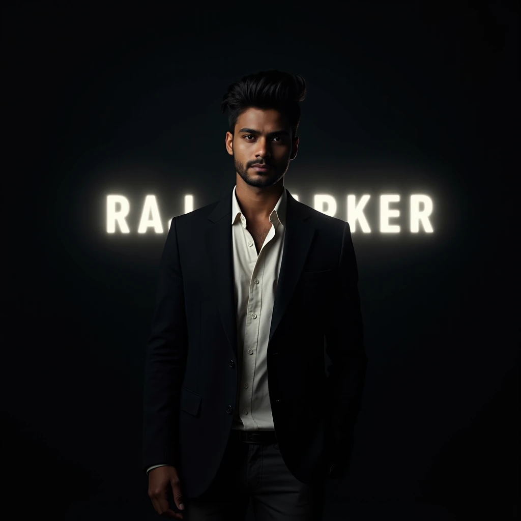 Create a highly realistic portrait of a 18-year-old Bangladeshi man named 'RAJ SARKER,' standing in a dark room. He is wearing a blackblazer and a white shirt. The lighting should be dramatic, focusing on his handsome face with a light stubble, giving him ...